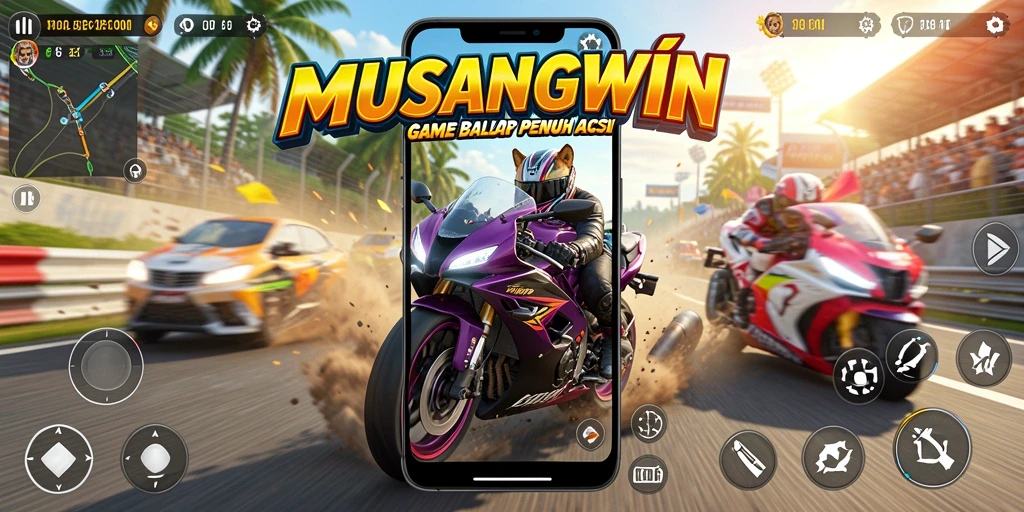 Screenshot utama MUSANGWIN menampilkan aksi balap motor yang intens dan mendebarkan.
